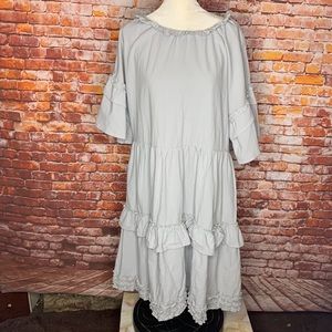 Gray Blue Tiered Ruffled Short Sleeved Babydoll Dress